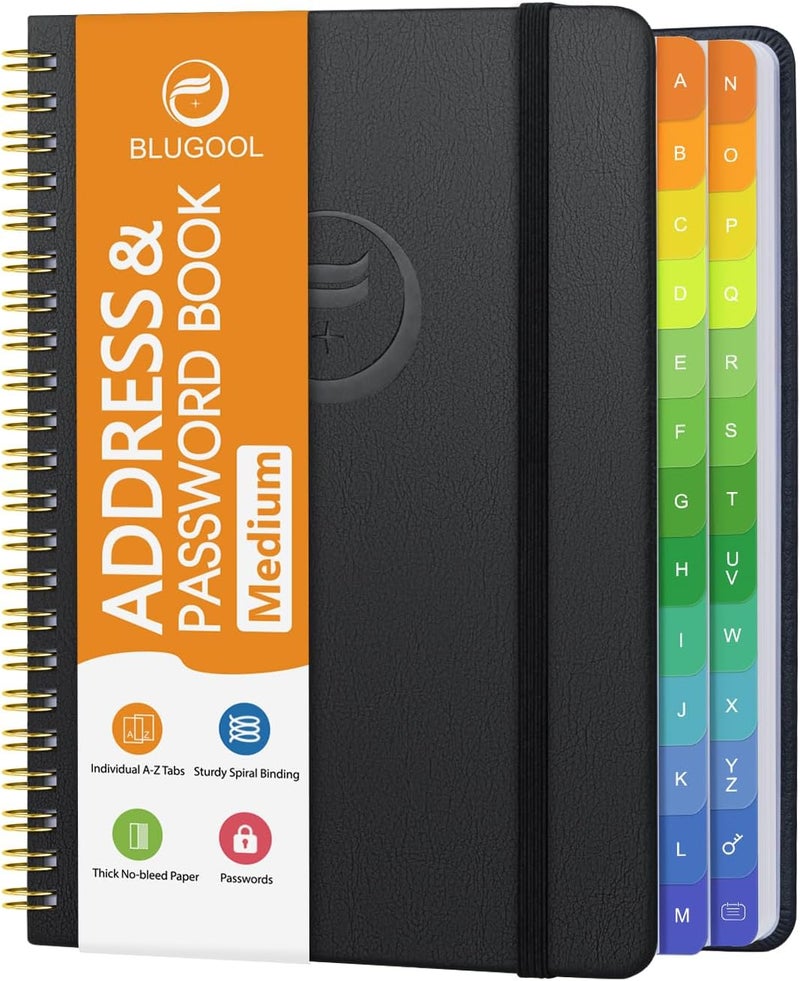 Blugool Address Book with Alphabetical Tabs-Address and Password Book for Seniors - Hardcover Spiral Bound Phone Book- Record Contacts, Website Login Passwords, Special Days -5.7" x 7.7", Black - Image 1